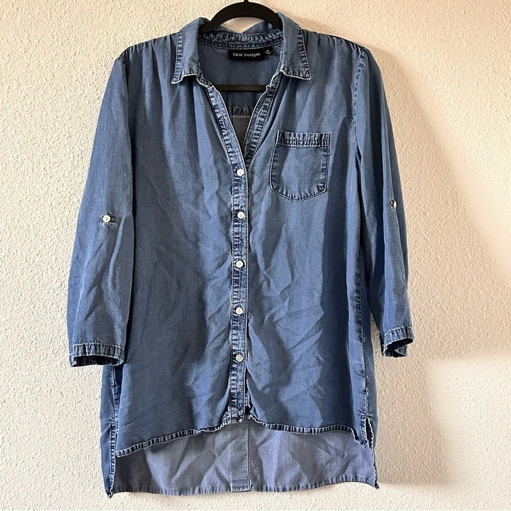 T & W Designs 100% Tencel Button Up Shirt Blue Women Sz Medium